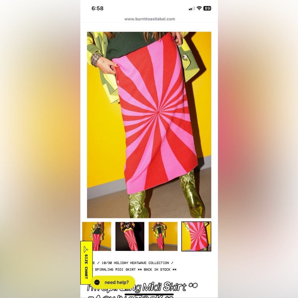 ISO (not for sale!): Burnt Toast I'm Spiraling Midi Skirt in pink and red